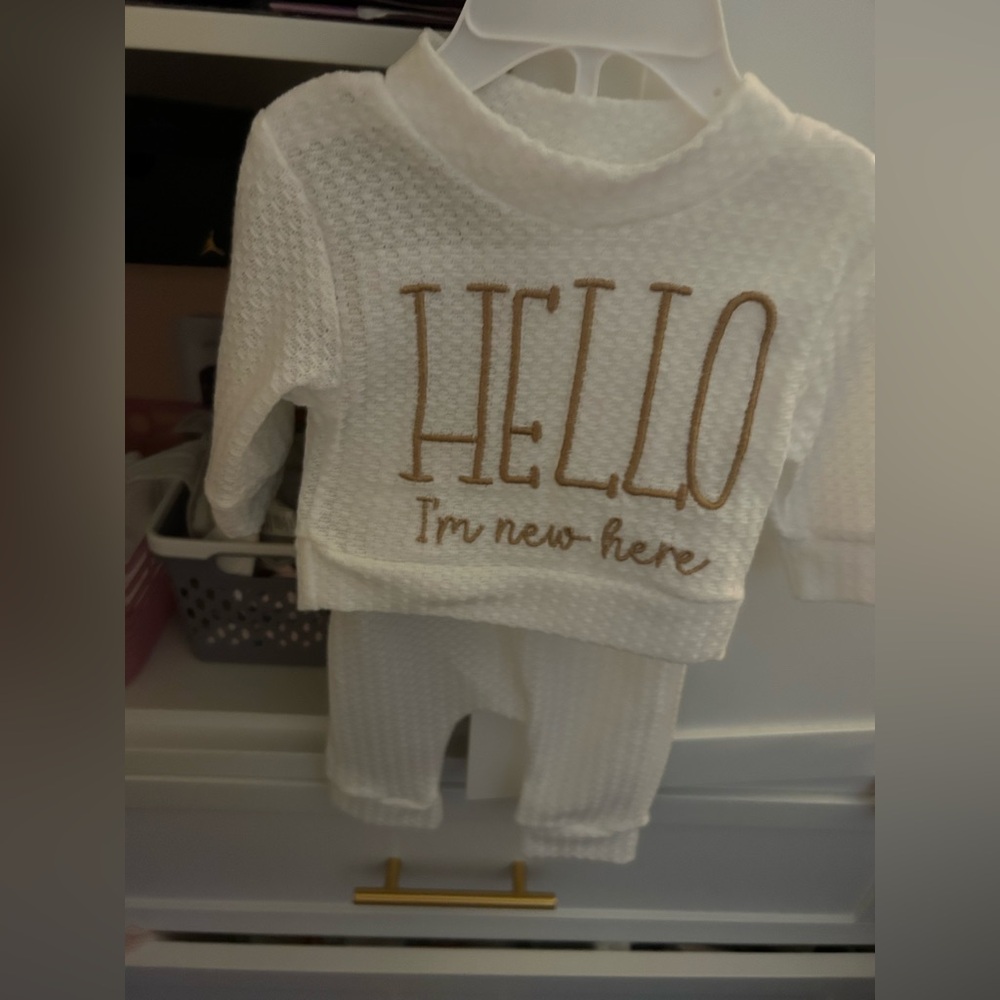 NWOT-White Baby Outfit with Gold Embroidery